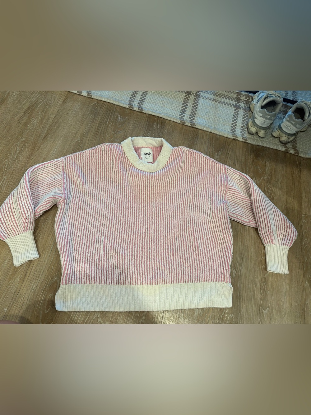 aerie Pink and Cream Striped Crewneck Sweater